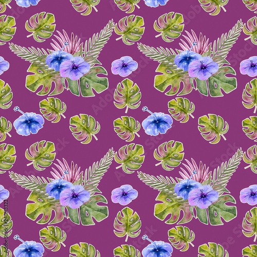Seamless pattern. Tropical leaves watercolor background.. Tropical leaves watercolor background. Flower illustrations.