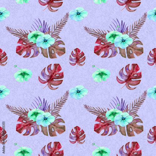 Seamless pattern. Tropical leaves watercolor background.. Tropical leaves watercolor background. Flower illustrations.