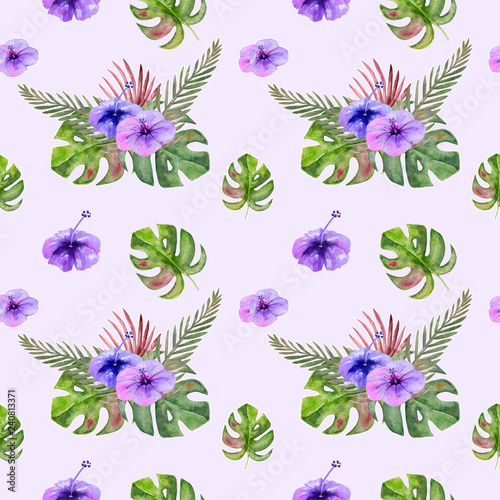 Seamless pattern. Tropical leaves watercolor background.. Tropical leaves watercolor background. Flower illustrations.