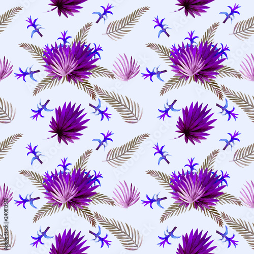 Seamless pattern. Tropical leaves watercolor background.. Tropical leaves watercolor background. Flower illustrations.