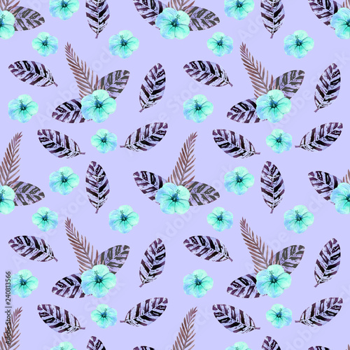 Seamless pattern. Tropical leaves watercolor background.. Tropical leaves watercolor background. Flower illustrations.