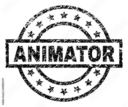 ANIMATOR stamp seal watermark with distress style. Designed with rectangle, circles and stars. Black vector rubber print of ANIMATOR caption with unclean texture.