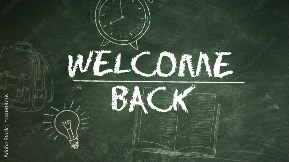Welcome Back to School on Chalkboard Camera Pan features animated text and camera with a green chalkboard background with animated school elements