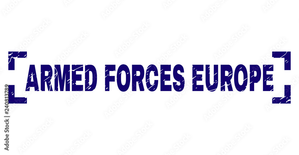 ARMED FORCES EUROPE text seal print with corroded texture. Text label is placed inside corners. Blue vector rubber print of ARMED FORCES EUROPE with unclean texture.