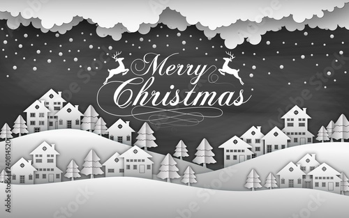 Christmas black background with snow and house 