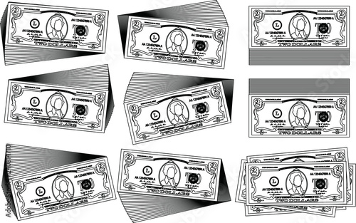 Bunch of 2 US dollar banknote outline set