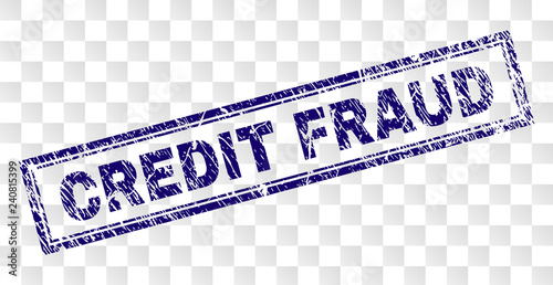 CREDIT FRAUD stamp seal print with rubber print style and double framed rectangle shape. Stamp is placed on a transparent background. Blue vector rubber print of CREDIT FRAUD tag with unclean texture.