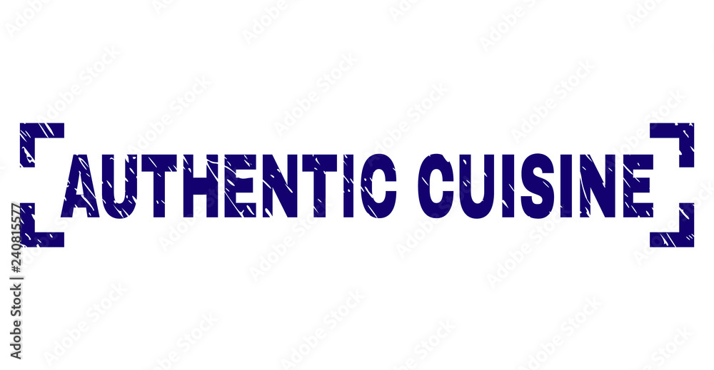 AUTHENTIC CUISINE tag seal imprint with distress texture. Text tag is placed inside corners. Blue vector rubber print of AUTHENTIC CUISINE with grunge texture.