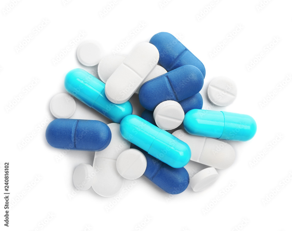 Different pills on white background, top view Different pills on white background, top view
