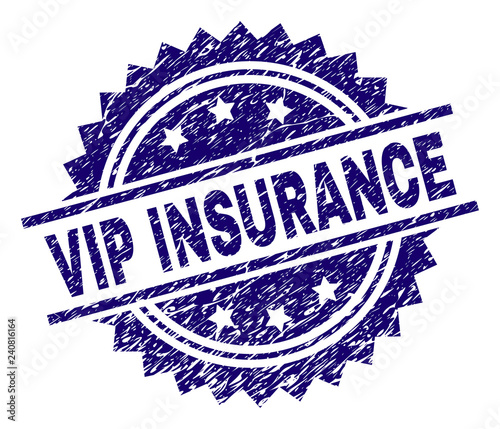 VIP INSURANCE stamp seal watermark with distress style. Blue vector rubber print of VIP INSURANCE caption with scratched texture.