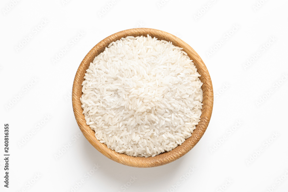 Bowl with rice on white background, top view. Natural food high in protein Bowl with rice on white background, top view. Natural food high in protein