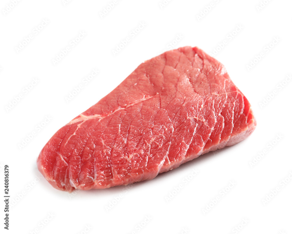 Piece of raw beef on white background. Natural food high in protein