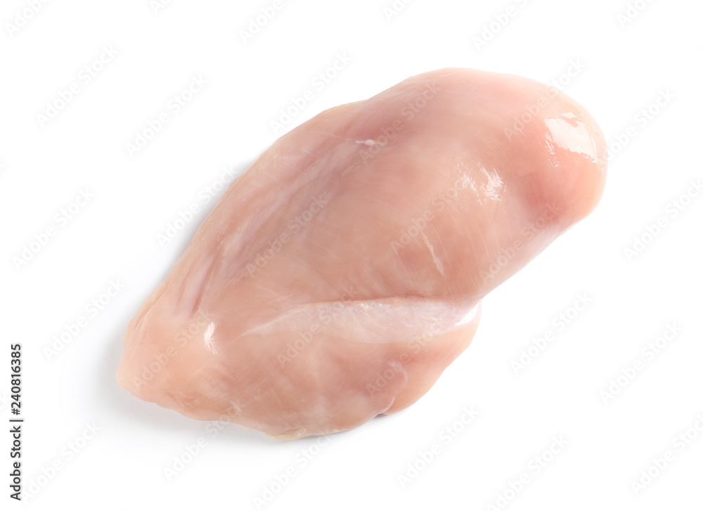 Raw chicken fillet on white background, top view. Natural food high in protein Raw chicken fillet on white background, top view. Natural food high in protein