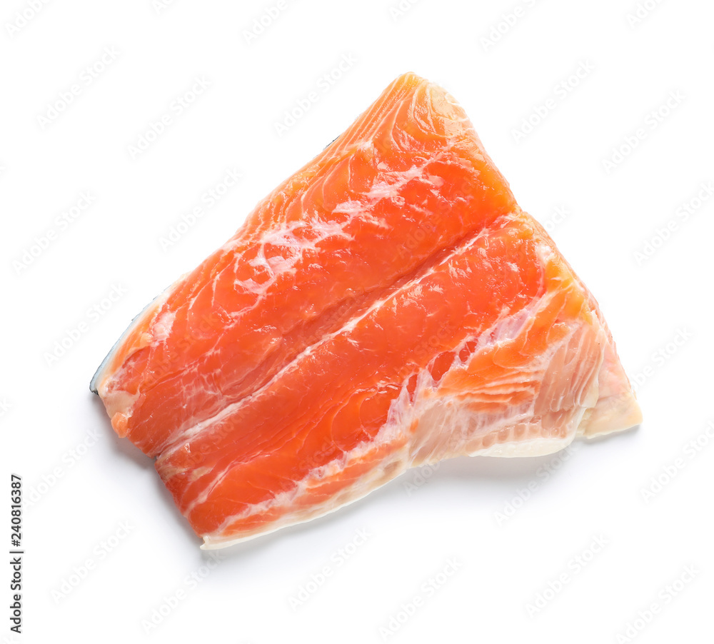 Raw salmon fillet on white background, top view. Natural food high in protein