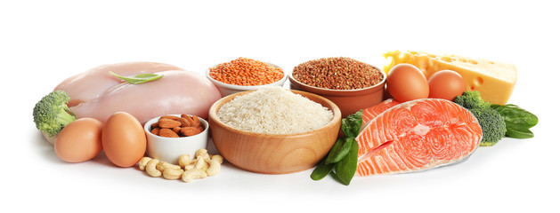 Set of natural food high in protein on white background