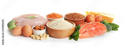 Set of natural food high in protein on white background