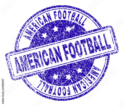 AMERICAN FOOTBALL stamp seal imprint with grunge effect. Designed with rounded rectangles and circles. Blue vector rubber print of AMERICAN FOOTBALL label with grunge texture.