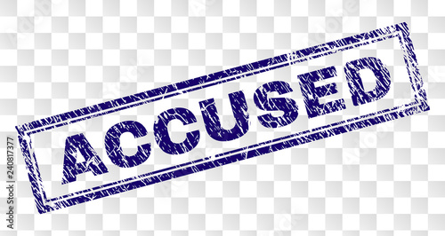 ACCUSED stamp seal imprint with rubber print style and double framed rectangle shape. Stamp is placed on a transparent background. Blue vector rubber print of ACCUSED label with scratched texture.
