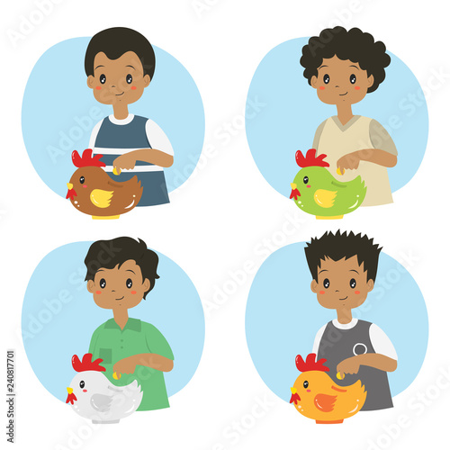 African American boys saving money in a cute and colorful rooster coin bank vector set. Kids saving money 