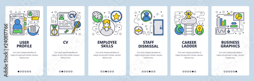 Web site onboarding screens. CV, Resume and career ladder. Menu vector banner template for website and mobile app development. Modern design linear art flat illustration.