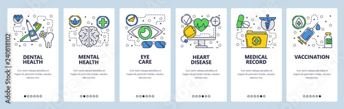 Web site onboarding screens. Medical checkup and body health, vaccination and medical records. Menu vector banner template for website and mobile app development. Modern design linear art flat