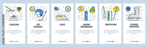 Web site onboarding screens. Winter sport, ice hockey, snowboarding, biathlon and figure skating. Menu vector banner template for website and mobile app development. Modern design linear art flat