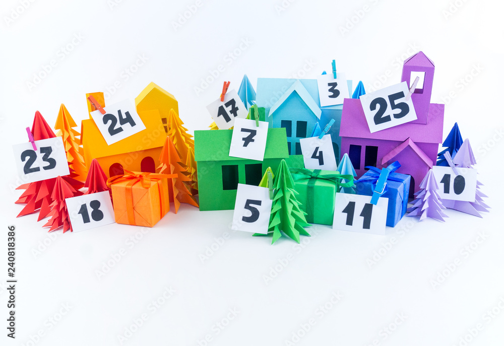 Advent calendar for kids rainbow color House and Christmas tree paper Advent calendar for kids rainbow color House and Christmas tree paper