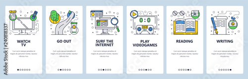 Web site onboarding screens. Leisure time, playing games, reading, watching TV. Menu vector banner template for website and mobile app development. Modern design linear art flat illustration.