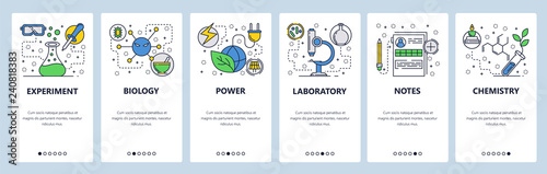 Web site onboarding screens. Science experiment in lab. Chemisty, biology. Menu vector banner template for website and mobile app development. Modern design linear art flat illustration.