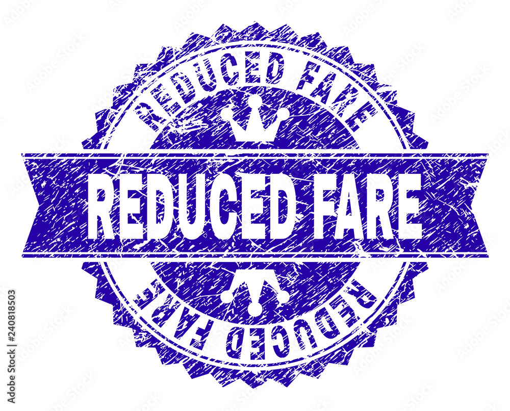 REDUCED FARE rosette stamp watermark with grunge texture. Designed with round rosette, ribbon and small crowns. Blue vector rubber watermark of REDUCED FARE label with grunge texture. REDUCED FARE rosette stamp watermark with grunge texture. Designed with round rosette, ribbon and small crowns. Blue vector rubber watermark of REDUCED FARE label with grunge texture.