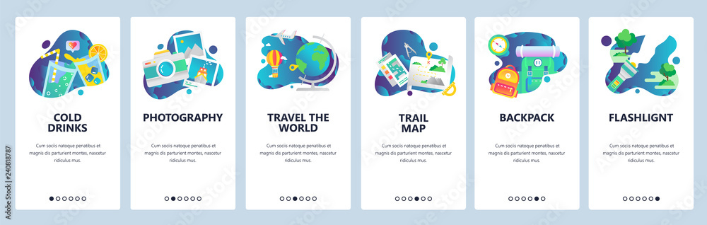 Web site onboarding screens. Holiday travel icons, camping and outdoor hiking, travel the world. Menu vector banner template for website and mobile app development. Modern design linear art flat - obrazy, fototapety, plakaty 