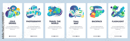 Web site onboarding screens. Holiday travel icons, camping and outdoor hiking, travel the world. Menu vector banner template for website and mobile app development. Modern design linear art flat