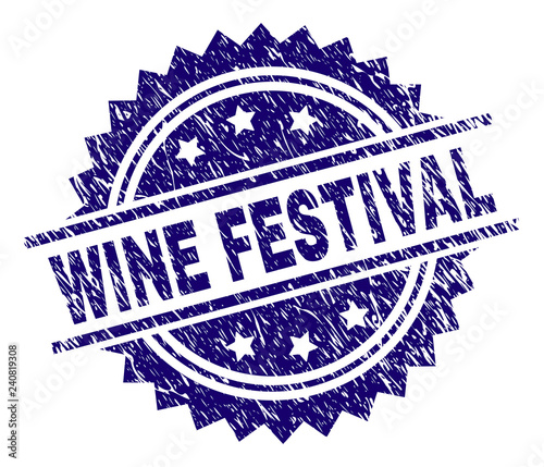 WINE FESTIVAL stamp seal watermark with distress style. Blue vector rubber print of WINE FESTIVAL title with corroded texture.