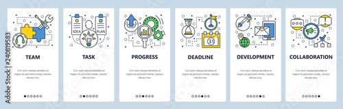 Web site onboarding screens. Task progress and deadline. Menu vector banner template for website and mobile app development. Modern design linear art flat illustration.
