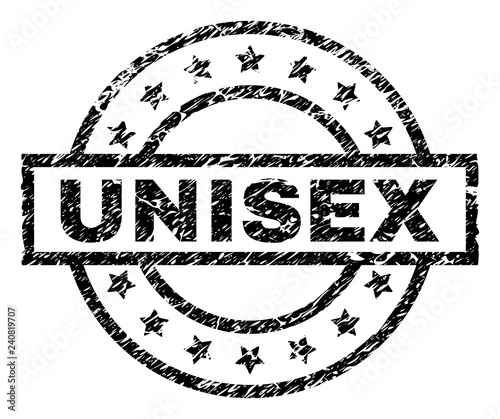 UNISEX stamp seal watermark with distress style. Designed with rectangle, circles and stars. Black vector rubber print of UNISEX caption with unclean texture.