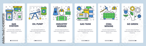 Web site onboarding screens. Power energy industry, gas station and oil pump. Menu vector banner template for website and mobile app development. Modern design linear art flat illustration.