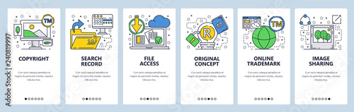 Web site onboarding screens. Files access and download, open folder, original trademark. Menu vector banner template for website and mobile app development. Modern design linear art flat illustration.