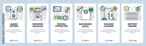 Web site onboarding screens. Home appliances, washing machine, vacuum cleaner, audio system. Menu vector banner template for website and mobile app development. Modern design linear art flat