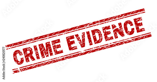 CRIME EVIDENCE seal imprint with corroded texture. Red vector rubber print of CRIME EVIDENCE tag with scratched texture. Text tag is placed between double parallel lines.