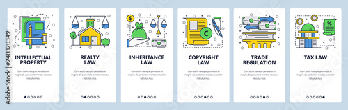 Web site onboarding screens. Law icons, copyright, intellectual property, trade, taxes and financial law. Menu vector banner template for website and mobile app development. Modern design linear art
