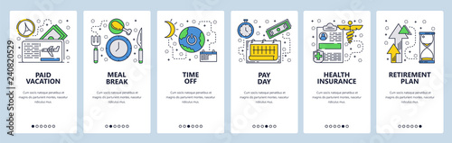 Web site onboarding screens. Lunch break, time for vacation, pay day, retirenment plan. Menu vector banner template for website and mobile app development. Modern design linear art flat illustration. photo