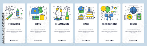Web site onboarding screens. Birthday celebration party, fireworks, gifts, cake and decorations. Menu vector banner template for website and mobile app development. Modern design linear art flat