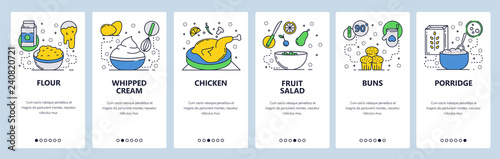 Web site onboarding screens. Breakfast food, chicken, fruit salad, cake, porridge. Menu vector banner template for website and mobile app development. Modern design linear art flat illustration.