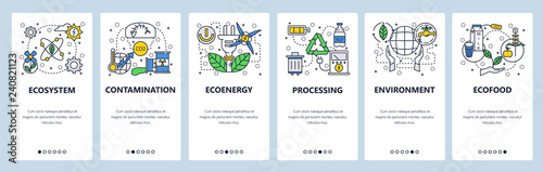 Web site onboarding screens. Ecology and environment contamination, waste recycle, organic food. Menu vector banner template for website and mobile app development. Modern design linear art flat