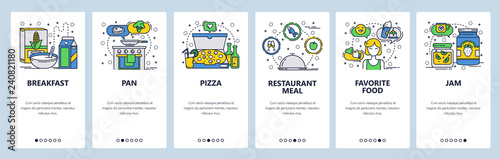 Web site onboarding screens. Cooking at home, breakfast, restaurant, pizza. Menu vector banner template for website and mobile app development. Modern design linear art flat illustration.