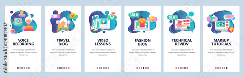 Web site onboarding screens. Social media, travel blog, podcast and video blog, fashion and makeup tutorial. Menu vector banner template for website and mobile app development. Modern design linear