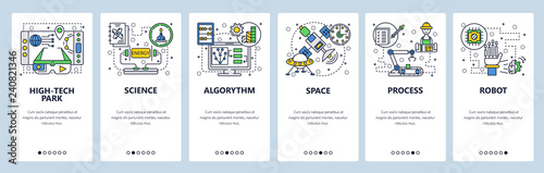 Web site onboarding screens. Technology, industrial robot, science and outer space. Menu vector banner template for website and mobile app development. Modern design linear art flat illustration.