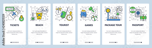 Web site onboarding screens. Travel and beach vacation, passport, visa, tickets. Menu vector banner template for website and mobile app development. Modern design linear art flat illustration.