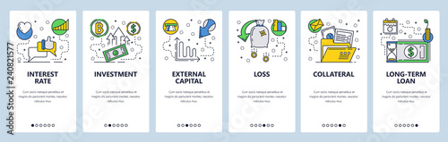 Web site onboarding screens. Finance, banking, investment, money flow. Menu vector banner template for website and mobile app development. Modern design linear art flat illustration.