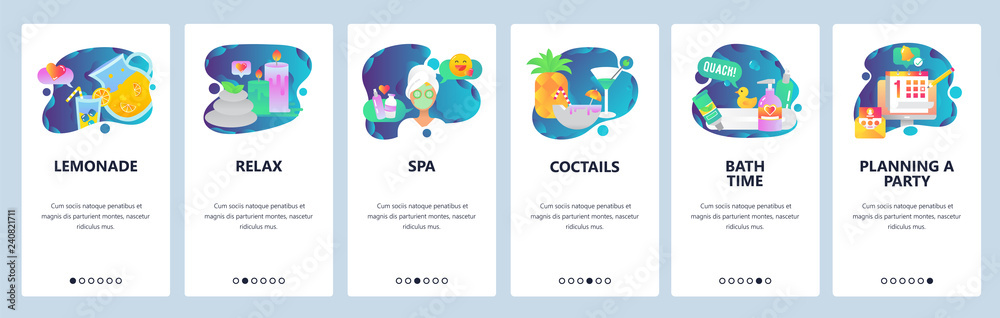 Web site onboarding screens. SPA and wellness center, party and cocktails. Menu vector banner template for website and mobile app development. Modern design linear art flat illustration.